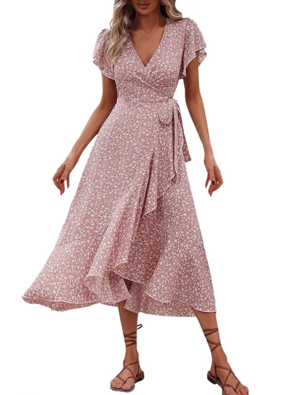 Amazon Dusty Rose Floral Wrap Midi Dress